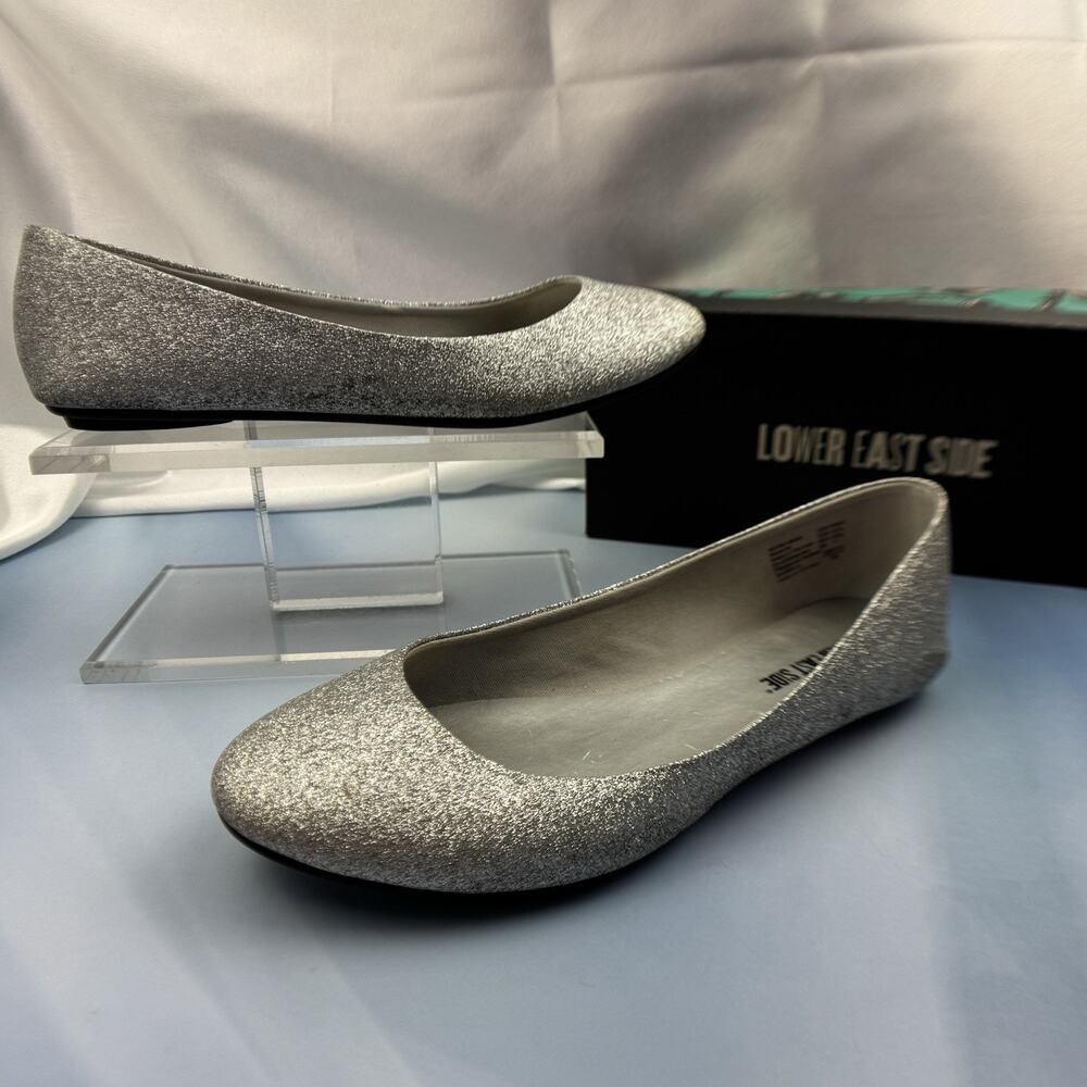 Lower East Side Shoes Womens 8.5 W Ballet‎ Flats Silver Glittered Slip On Casual